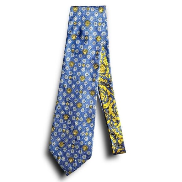 Versace Medusa Head Baroque Silk Necktie Blue Yellow Luxury Designer Tie - Picture 4 of 8